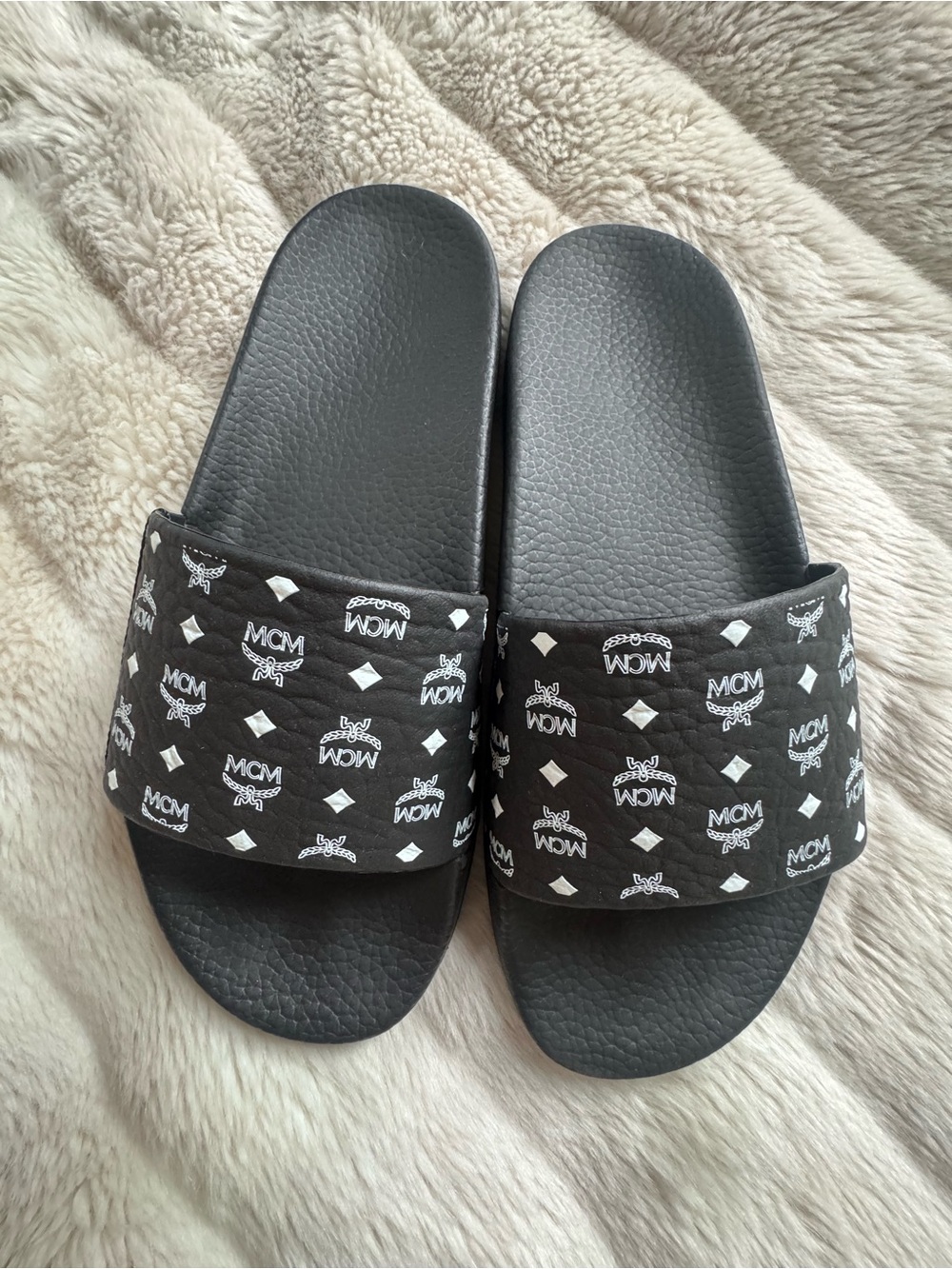MCM Black Monogram Print Rubber Slide Sandals